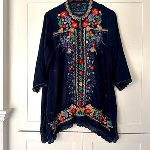Johnny Was Embroidered Floral Navy Top